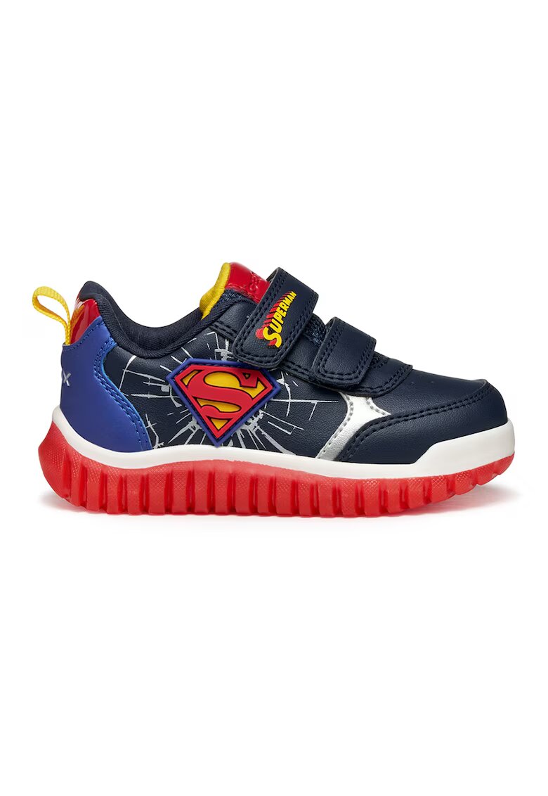 Geox Pantofi sport din piele ecologica cu inchidere velcro - Rosu/Bleumarin