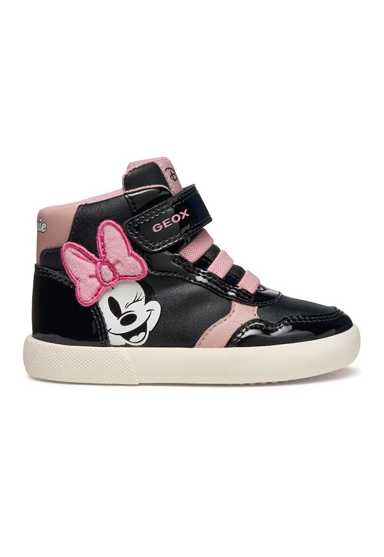 Geox Pantofi sport din piele ecologica cu inchidere velcro si imprimeu Minnie Mouse - Negru/Roz