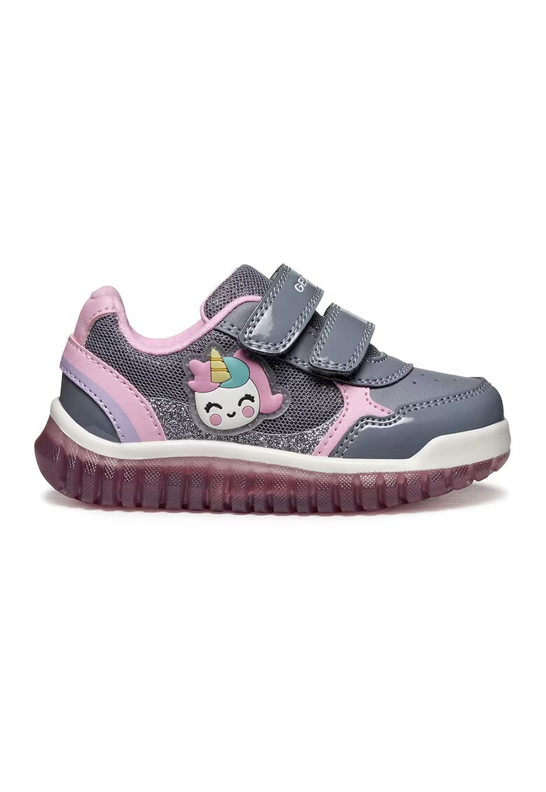Geox Pantofi sport din piele ecologica cu model grafic si inchidere velcro - Gri/Roz