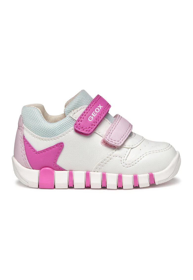 Geox Pantofi sport din piele ecologica cu velcro - Alb/Fucsia