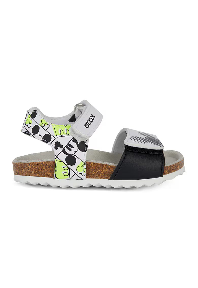 Geox Sandale cu inchidere velcro si model Mickey Mouse - Alb/Negru/Verde neon