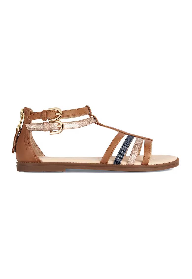 Geox Sandale de piele ecologica cu garnituri textile si barete multiple Karly - Auriu/Maro scortisoara/Bleumarin