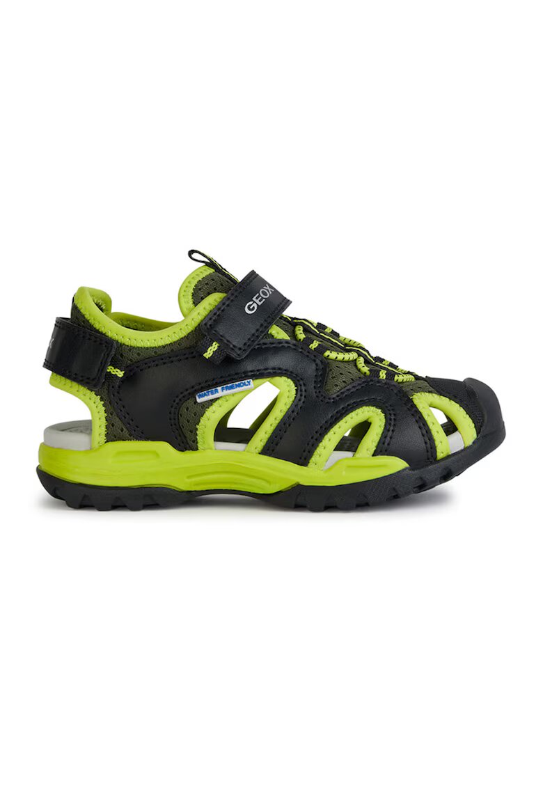 Geox Sandale de piele ecologica si material textil cu banda velcro Borealis - Negru/Verde lime