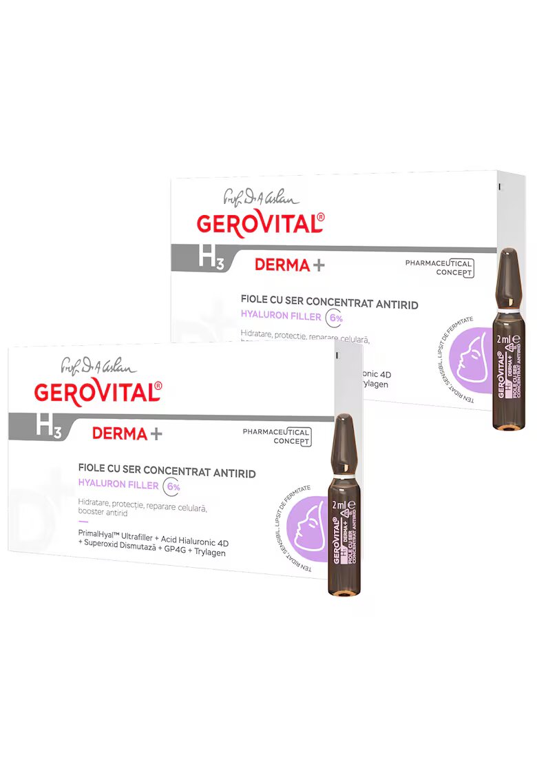 Gerovital H3 Prof Dr Ana Aslan Derma Pachet Gerovital H3 Derma+: Fiole cu Ser Concentrat Antirid 6% Hyaluron Filler 10 fiole x 2 ml + Fiole cu Ser Concentrat Antirid 6% Hyaluron Filler 10 fiole x 2 ml