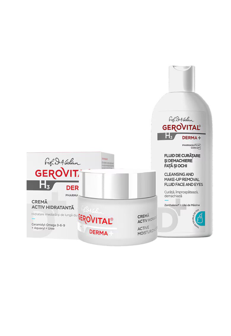 Gerovital H3 Prof Dr Ana Aslan Derma Pachet Gerovital H3 Derma+: Fluid de Curatare si Dermachiere Fata si Ochi - 200 ml + Crema Activ Hidratanta 24h - 50 ml