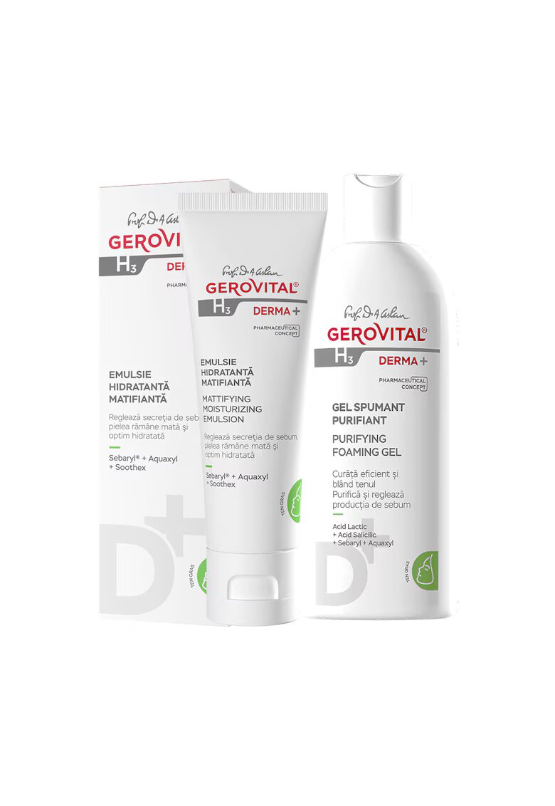 Gerovital H3 Prof Dr Ana Aslan Derma Pachet Gerovital H3 Derma+: Gel Spumant Purifiant Derma+ 200ml + Emulsie Hidratanta Matifianta 50ml