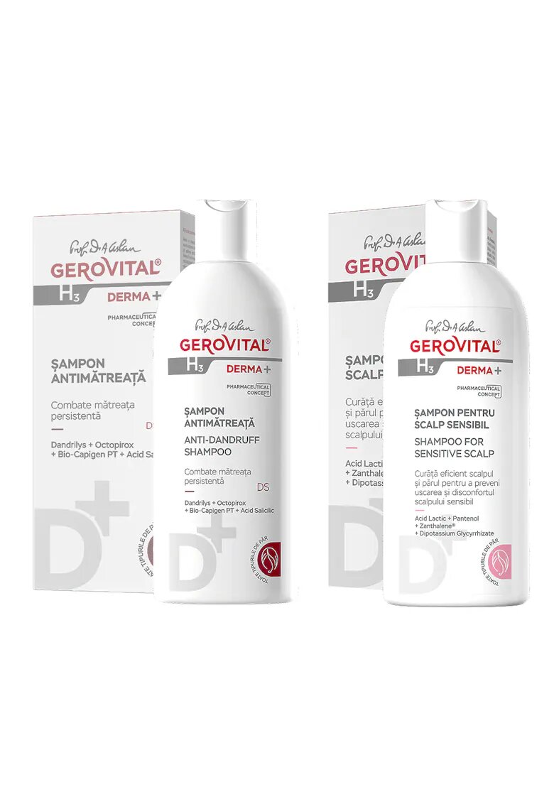 Gerovital H3 Prof Dr Ana Aslan Derma Pachet Gerovital H3 Derma+: sampon Antimatreata 200ml + sampon pentru Scalp Sensibil 200ml