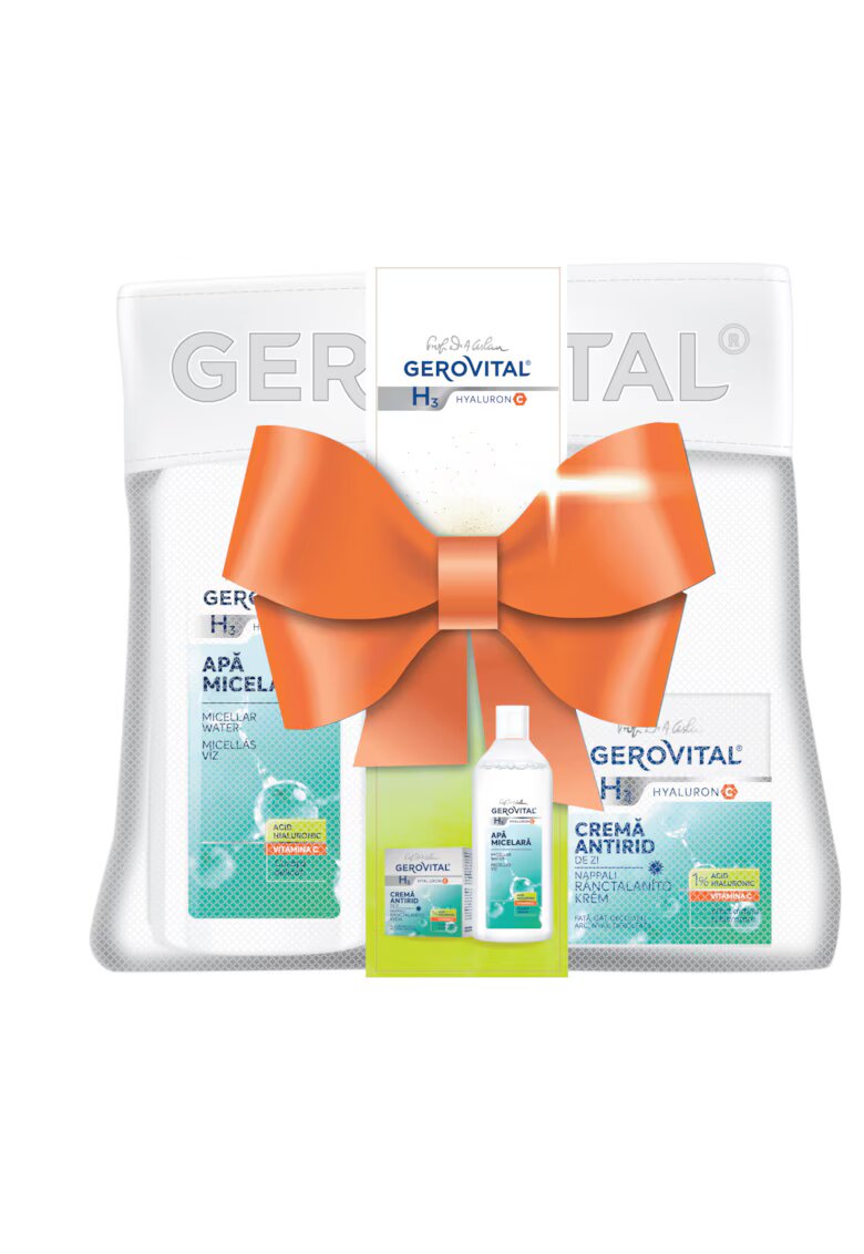 Gerovital Pachet cadou H3 Hyaluron C: Apa micelara - 400 ml + Crema antirid de zi - 50 ml + borseta
