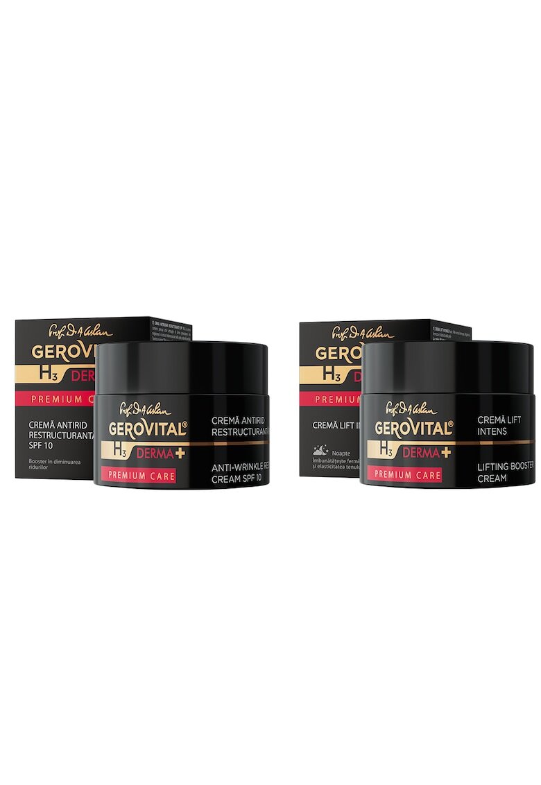 Gerovital Pachet H3 Derma + Premium Care: Crema Antirid Restructuranta SPF 10 – Filler fara Ac - Fermitate si Elasticitate - Protectie UV si Hidratare - 50 ml + Crema Lift Intens – Efect Lifting - Fermitate si Elasticitate - 50 ml