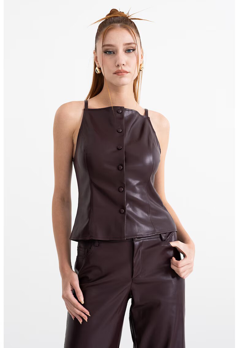 Gina Tricot Bluza de piele ecologica cu nasturi decorativi - fara maneci - Visiniu