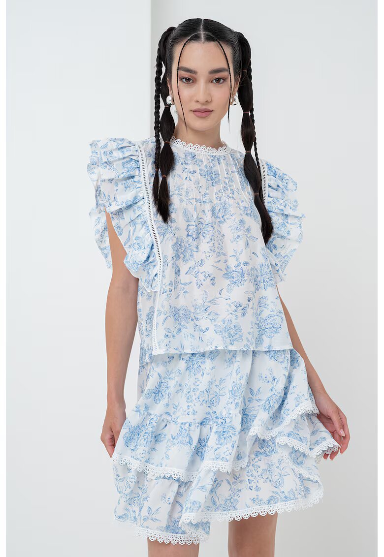 Gina Tricot Bluza lejera cu maneci scurte cu volane - Albastru