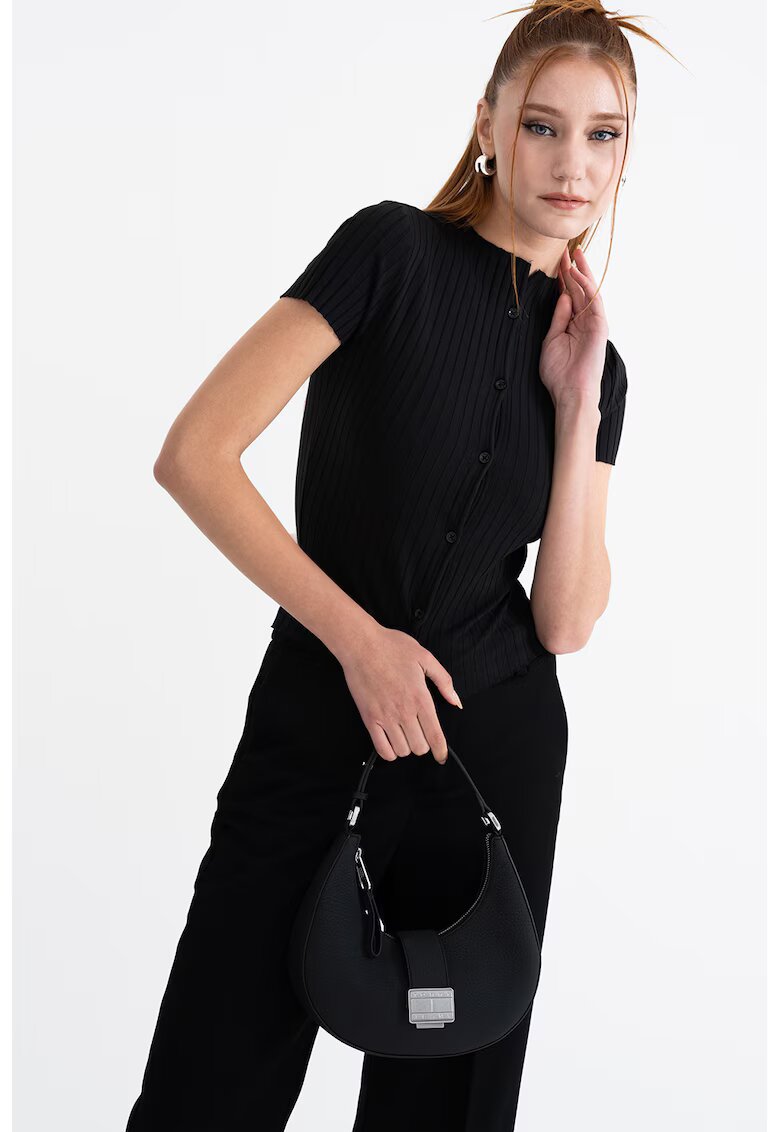 Gina Tricot Bluza slim fit cu striatii si maneci scurte - Negru