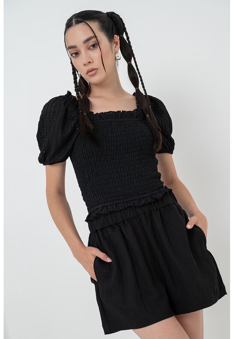 Gina Tricot Bluza transparenta cu maneci crosetate - Negru