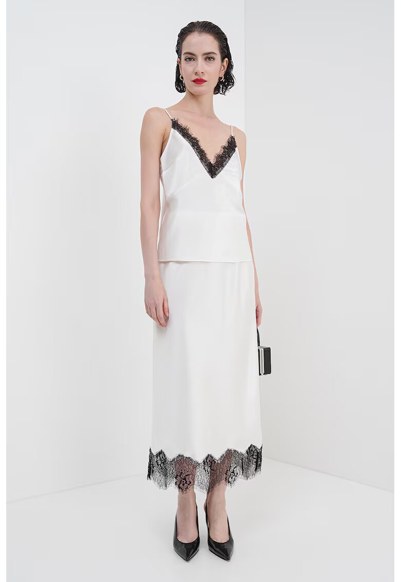 Gina Tricot Fusta de satin cu terminatie cu dantela - Alb fildes/Negru