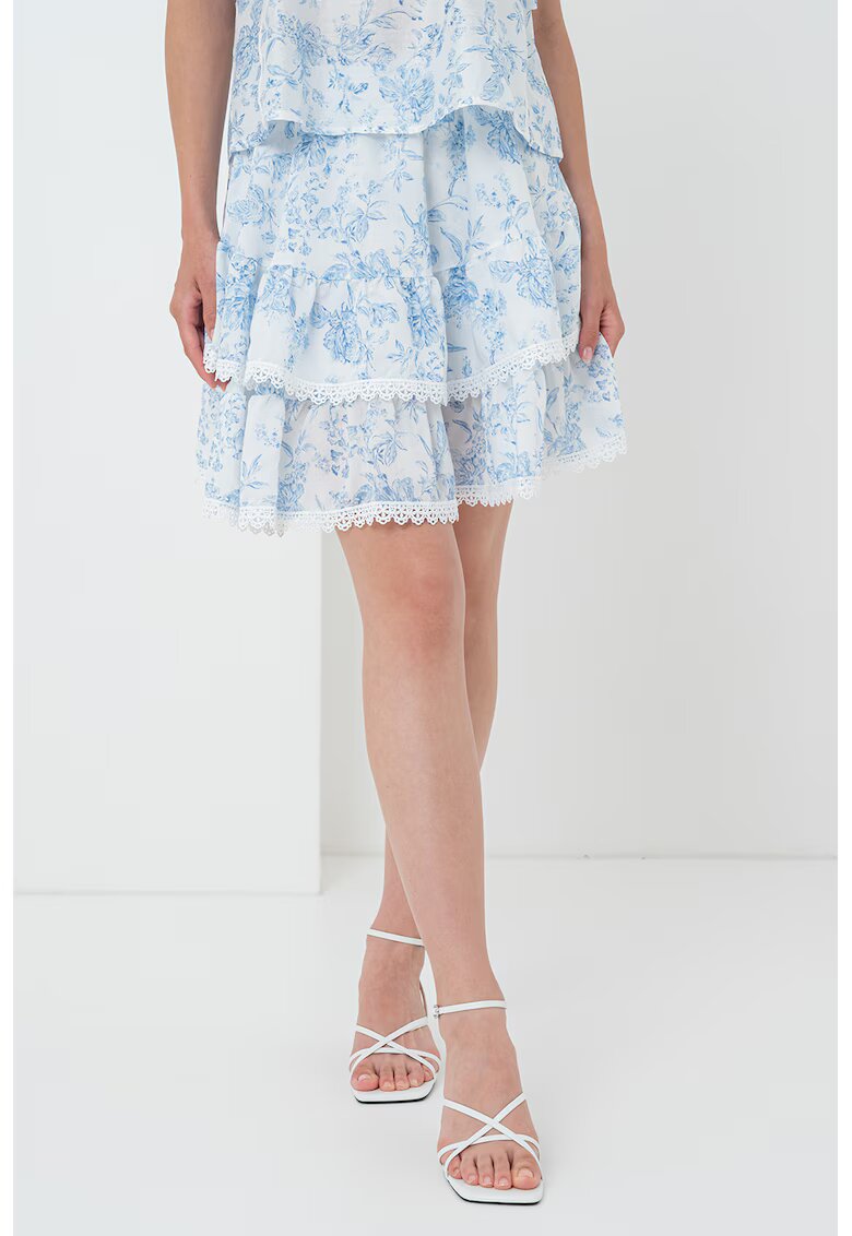 Gina Tricot Fusta mini cu detalii brodate si volan - Albastru