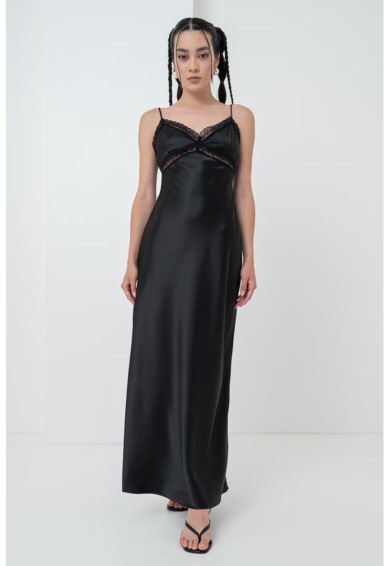 Gina Tricot Rochie-furou maxi din satin cu detalii de dantela - Negru