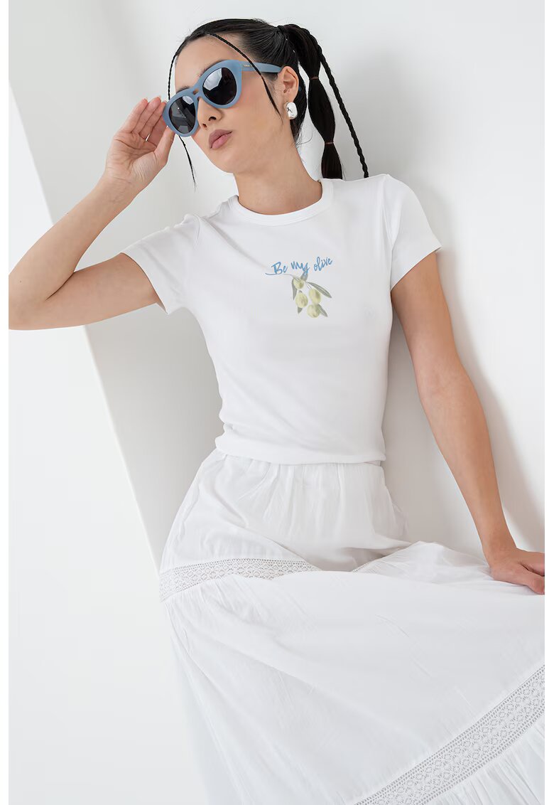 Gina Tricot Tricou din amestec de bumbac organic cu imprimeu grafic pe partea din fata - Verde masliniu