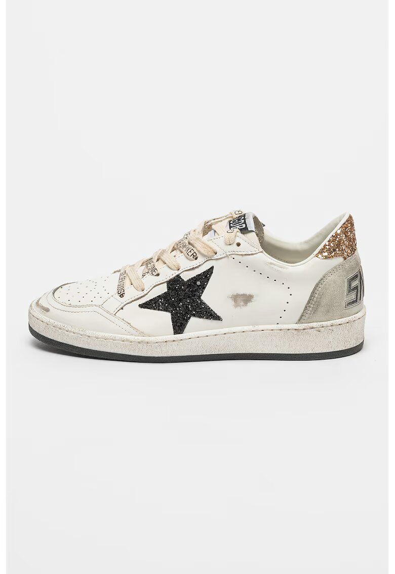 GOLDEN GOOSE Pantofi sport de piele cu insertii din material sintetic Ball Star - Auriu/Gri deschis/Alb murdar