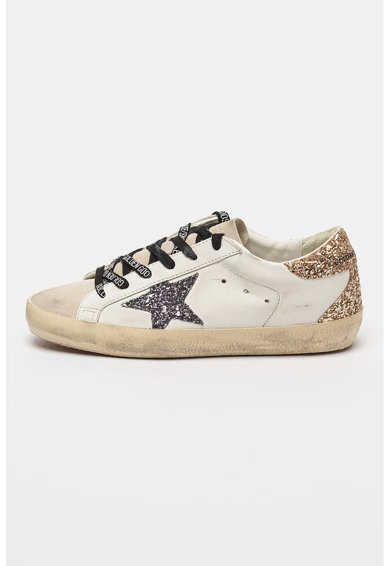 GOLDEN GOOSE Pantofi sport de piele cu insertii stralucitoare si din material textil - Negru/Alb murdar/Roz prafuit