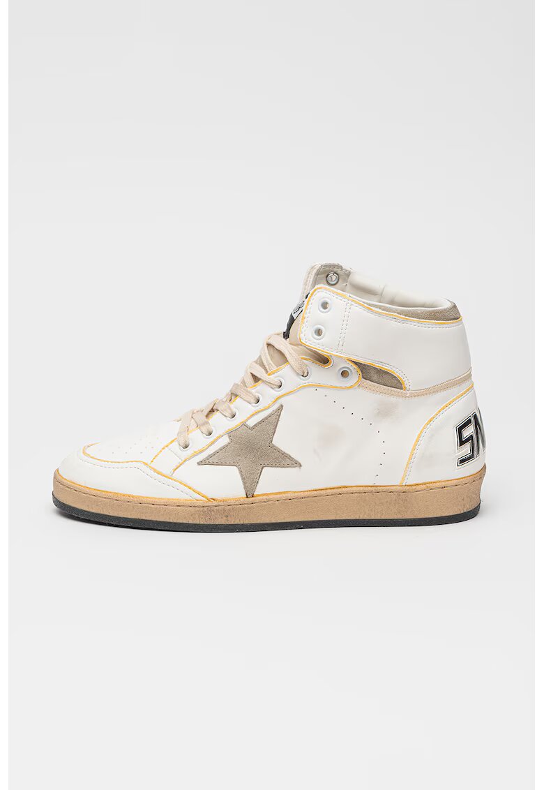 GOLDEN GOOSE Pantofi sport Sky Star mid-cut din piele cu garnituri din piele intoarsa - Alb/Maro taupe deschis
