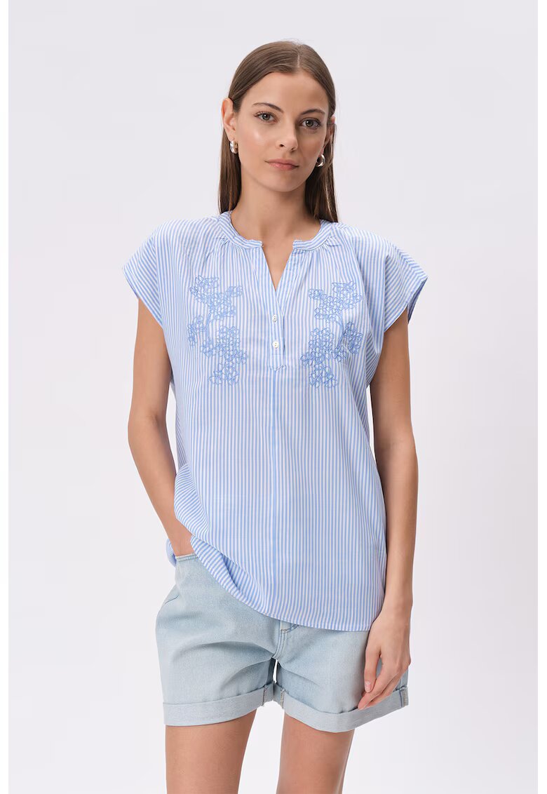 GreenPoint Bluza cu broderie florala - Alb/Albastru pastel