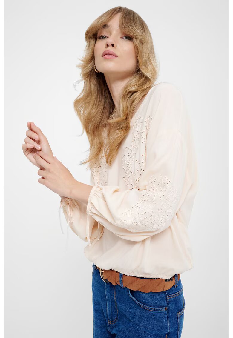 GreenPoint Bluza cu decolteu in V si detalii brodate - Alb fildes