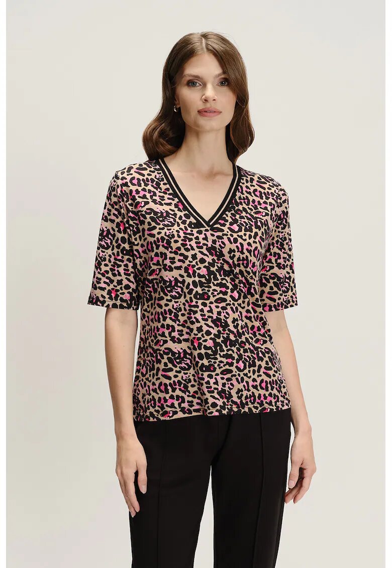 GreenPoint Bluza cu decolteu in V si imprimeu grafic - Negru/Bej