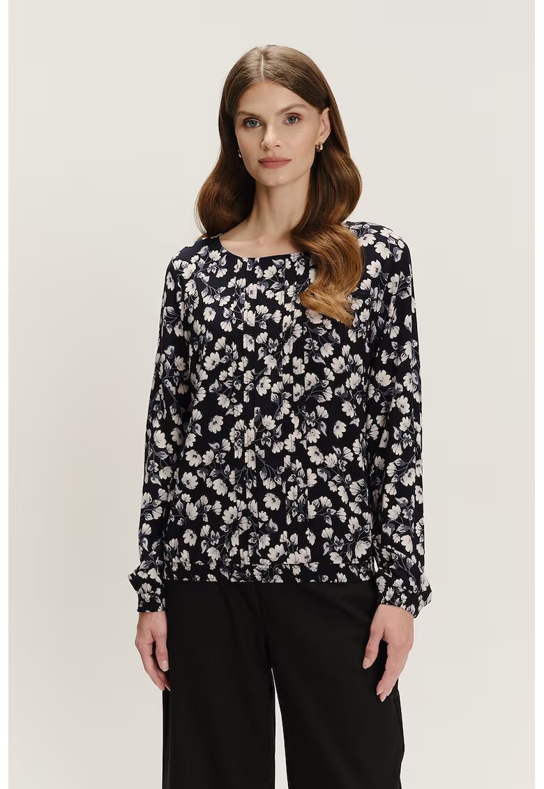 GreenPoint Bluza cu decolteu rotund si model - Alb fildes/Negru