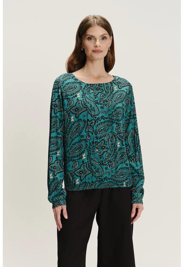 GreenPoint Bluza cu decolteu rotund si model - Negru/Verde aquamarin