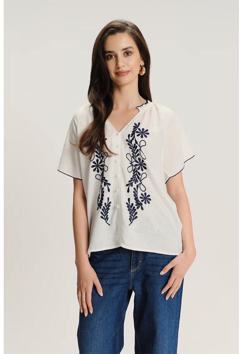 GreenPoint Bluza cu flori brodate si nasturi - Alb fildes/Albastru ultramarin