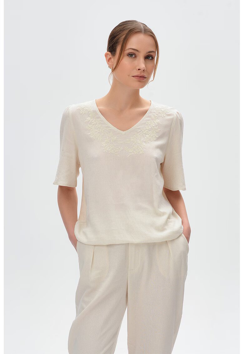 GreenPoint Bluza din amestec de in cu decolteu in V si broderie florala - Crem