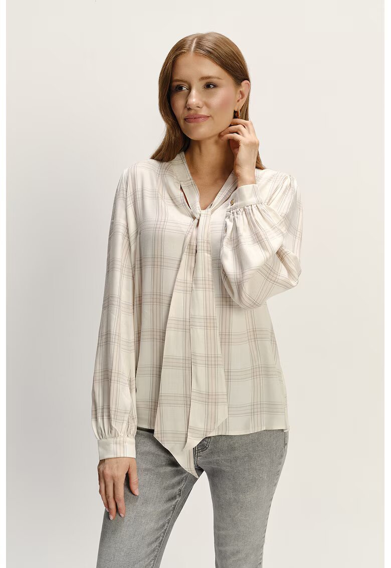 GreenPoint Bluza in carouri cu guler cu funda - Bej deschis