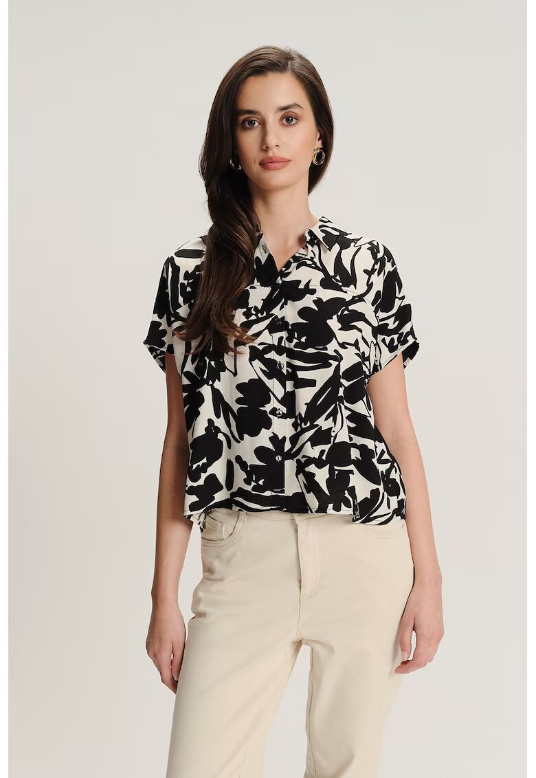 GreenPoint Camasa cu model floral si maneci scurte - Negru/Bej