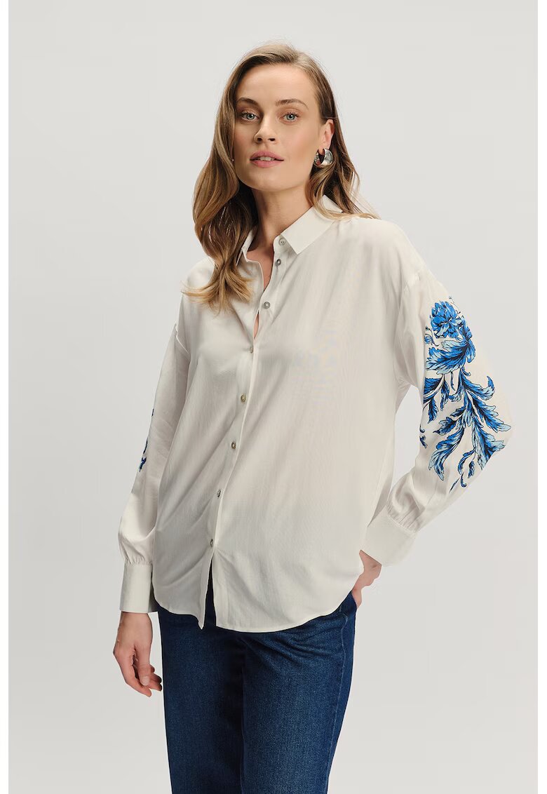 GreenPoint Camasa lejera cu maneci cu model floral - Alb fildes/Albastru