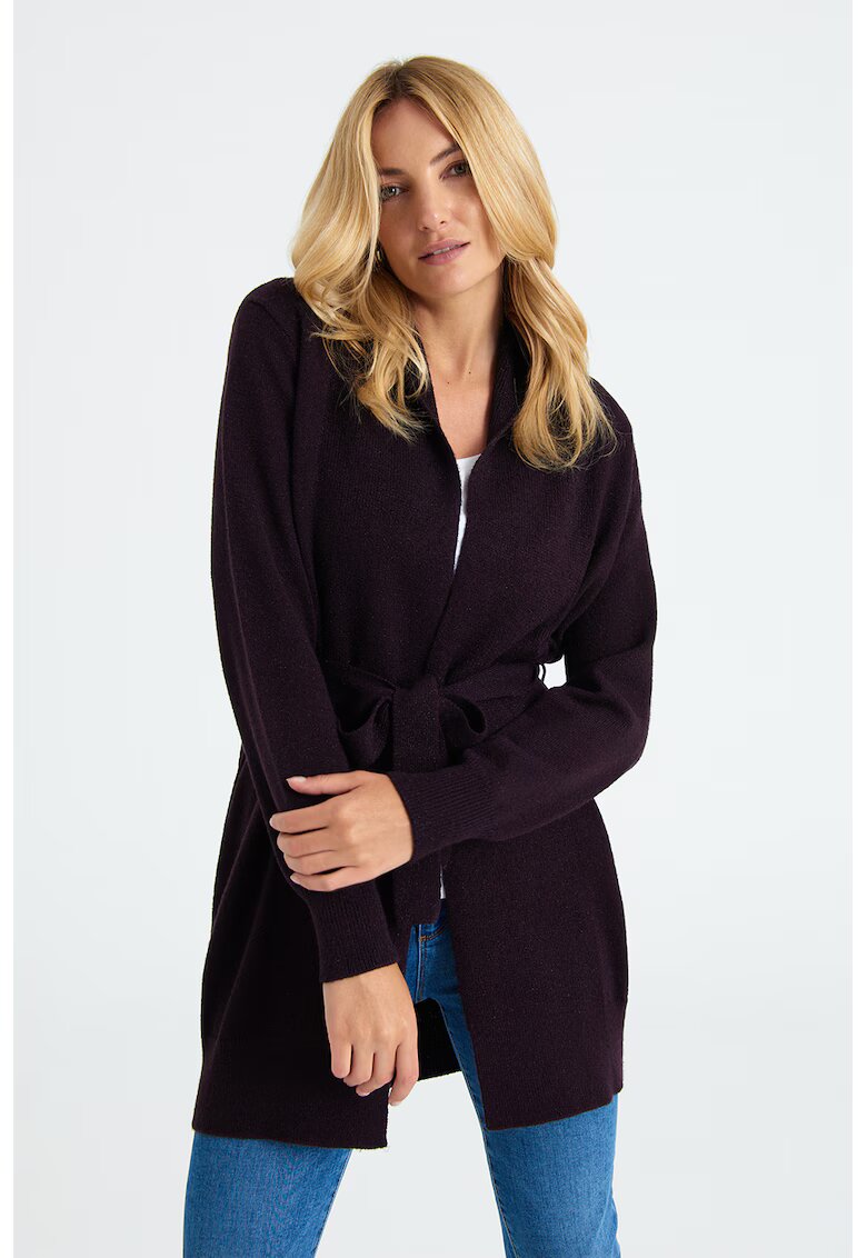 GreenPoint Cardigan cu aspect stralucitor si cordon in talie - Violet aubergine/Argintiu