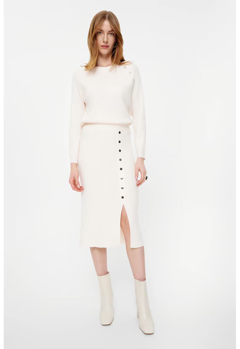 GreenPoint Fusta midi dreapta din tricot fin cu nasturi decorativi - Alb optic