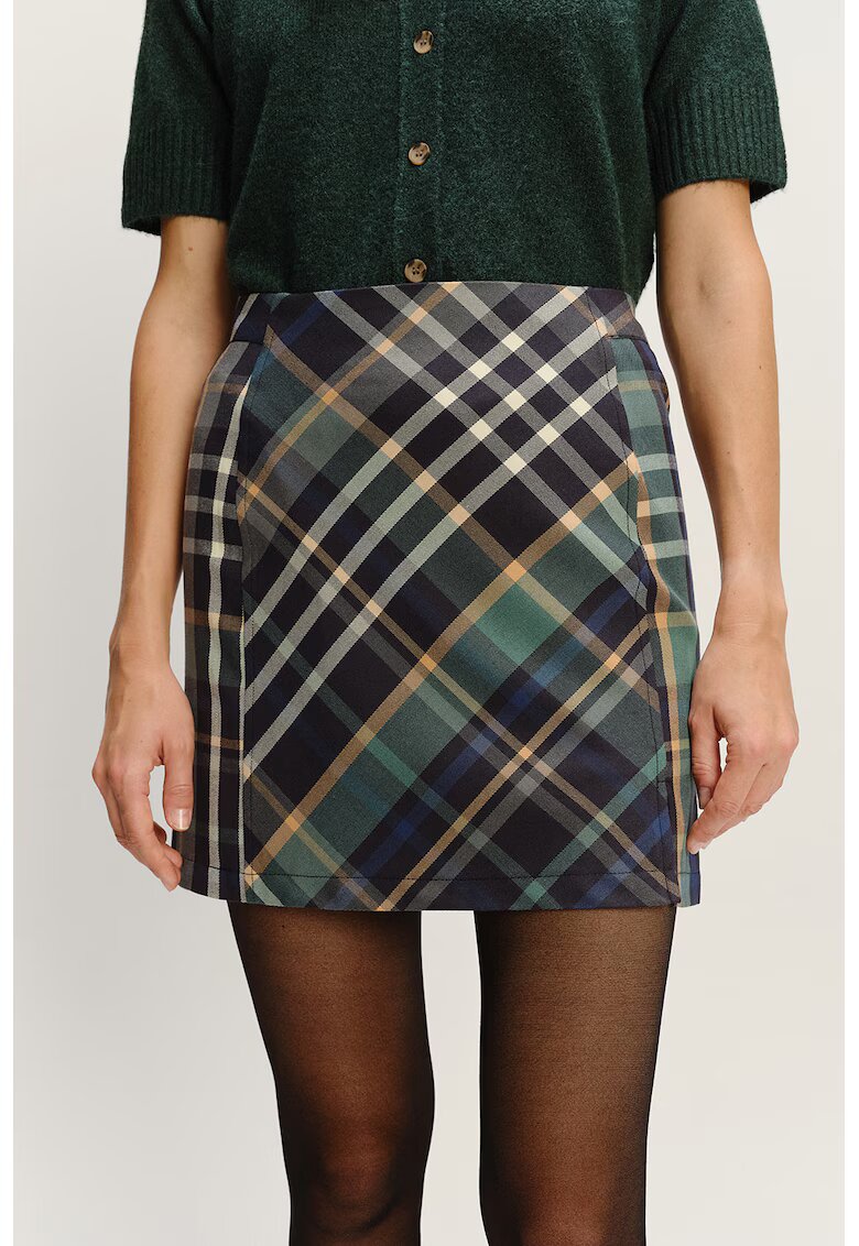 GreenPoint Fusta mini in carouri cu fermoar - Verde pal/Bej inchis/Crem