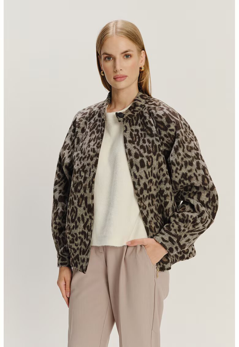 GreenPoint Jacheta lejera din amestec de lana cu animal print - Maro/Gri inchis