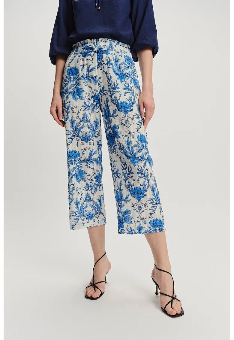 GreenPoint Pantaloni crop cu design floral - Alb fildes/Albastru