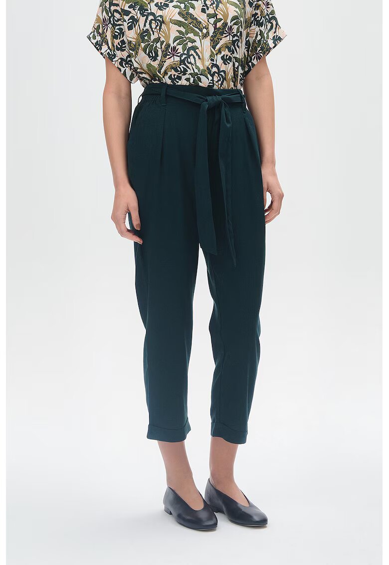 GreenPoint Pantaloni crop din amestec de in cu cordon in talie - Verde englez