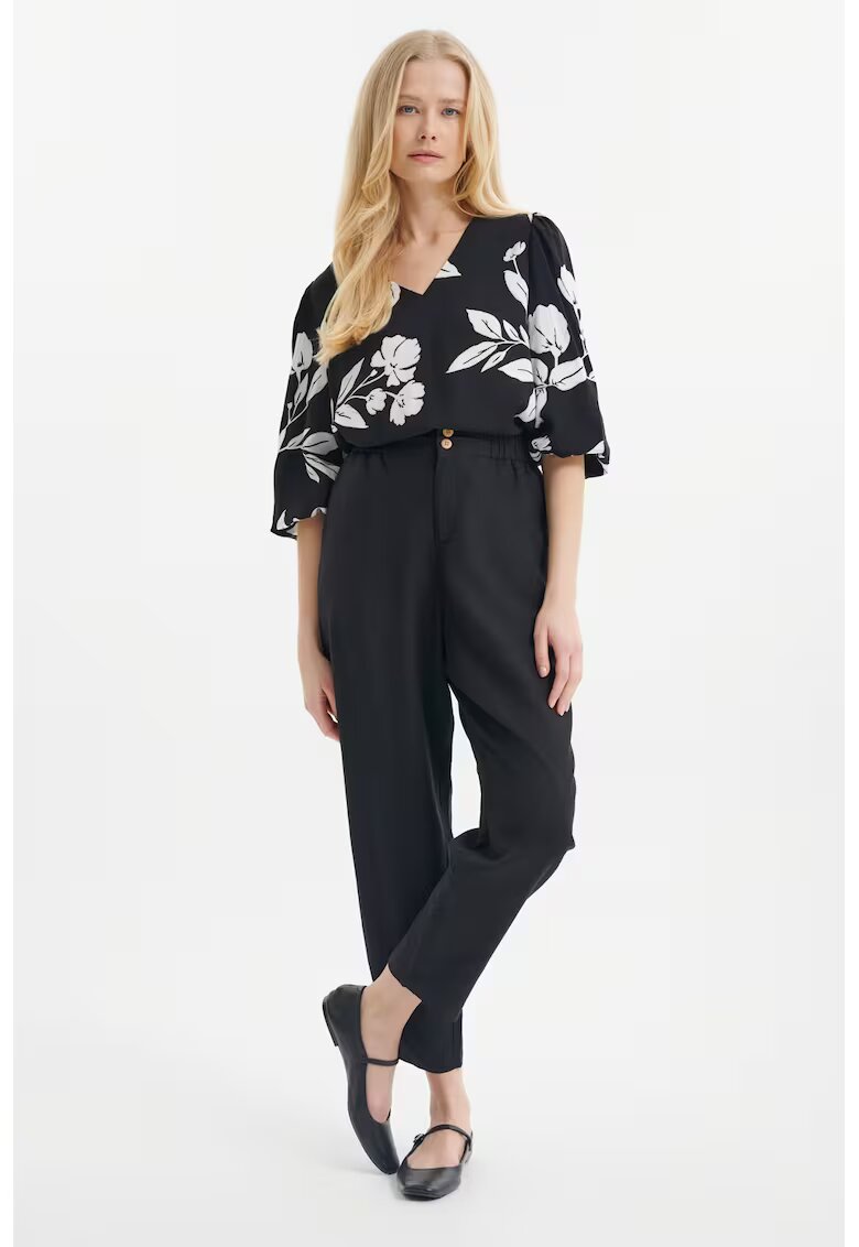 GreenPoint Pantaloni crop din amestec de in cu pliuri - Negru