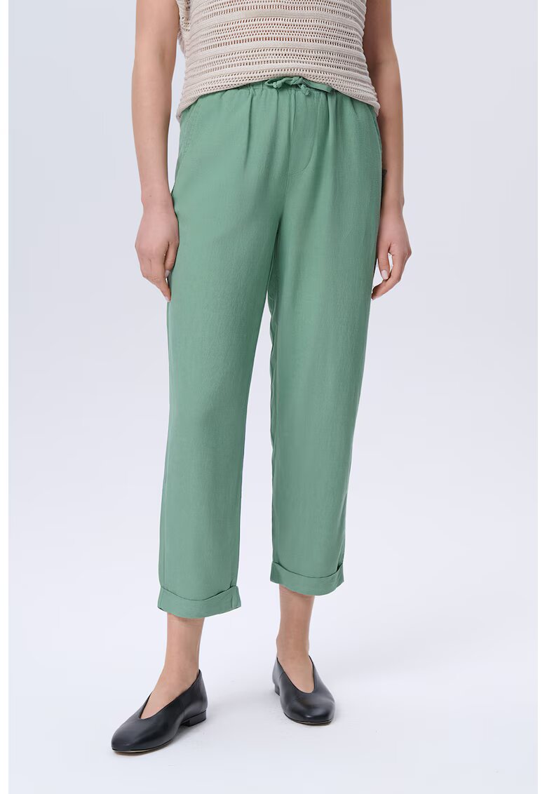 GreenPoint Pantaloni crop din amestec de in cu snur - Verde aquamarin