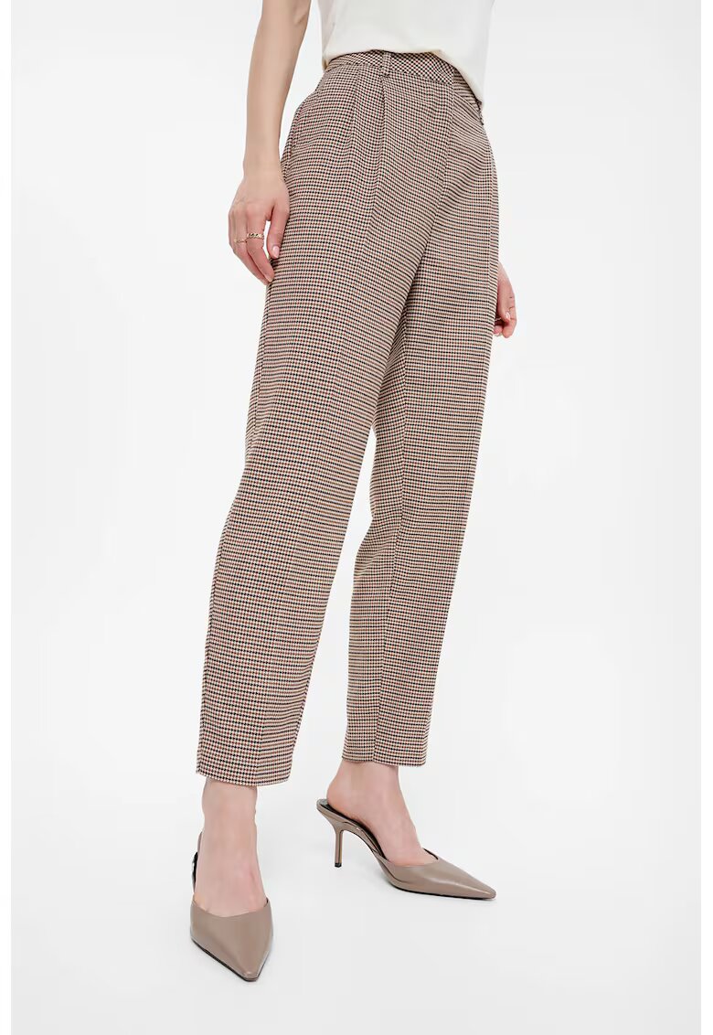 GreenPoint Pantaloni cu imprimeu houndstooth - Negru/Bej/Maro deschis