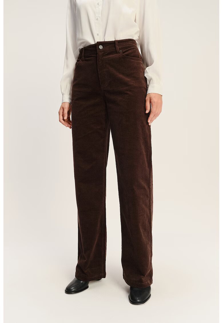 GreenPoint Pantaloni din reiat si talie inalta - Maro inchis