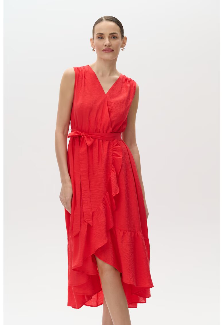 GreenPoint Rochie asimetrica cu volane si decolteu in V - Portocaliu mandarina