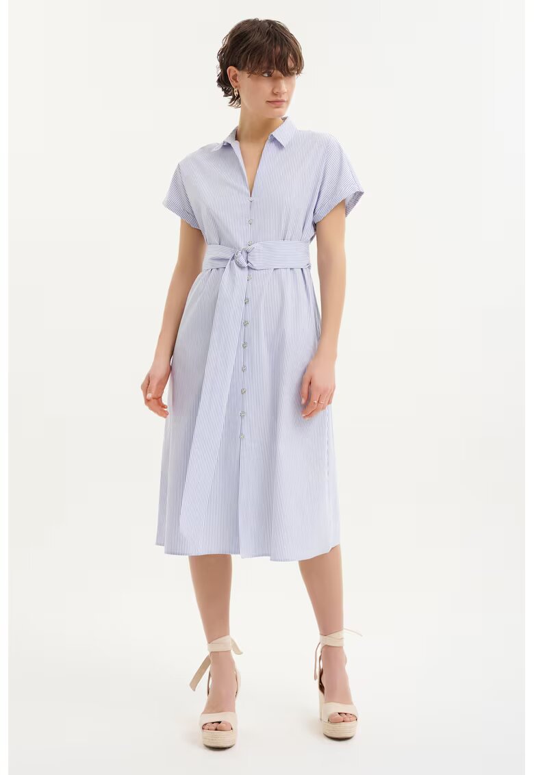 GreenPoint Rochie-camasa in dungi cu un cordon in talie - Albastru deschis