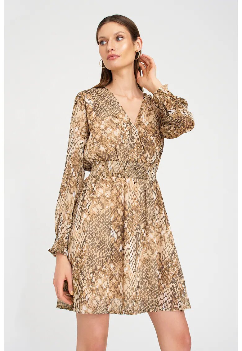 GreenPoint Rochie cu decolteu in V si animal print - Maro camel