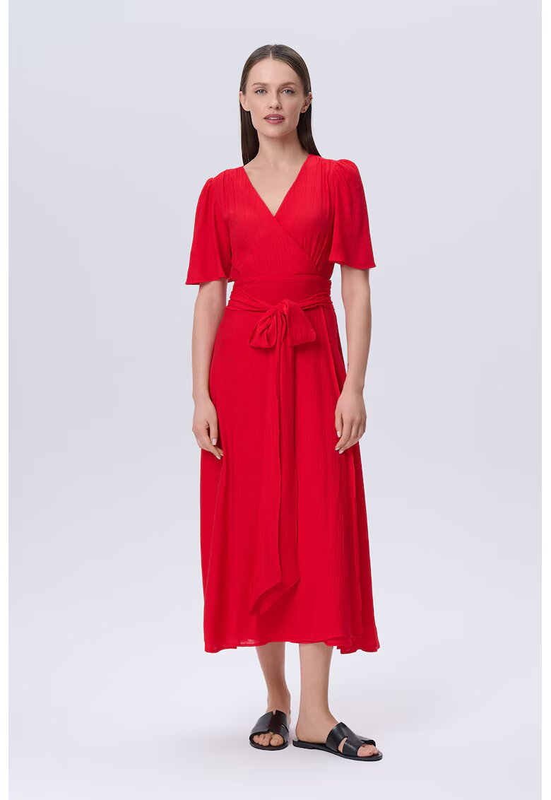 GreenPoint Rochie cu decolteu in V si cordon asortat - Rosu vermillion
