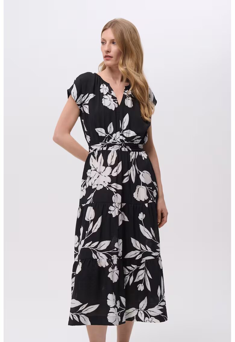 GreenPoint Rochie cu decolteu in V si imprimeu floral - Alb/Negru