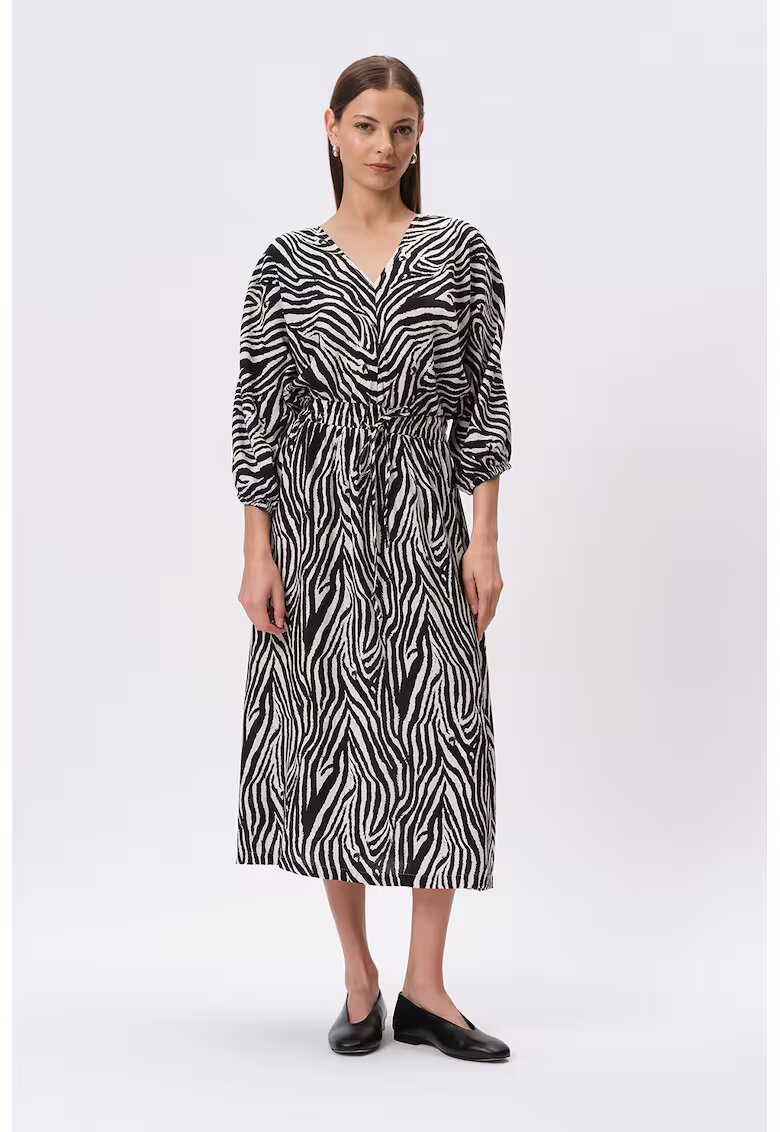 GreenPoint Rochie cu decolteu in V si maneci trei sferturi - Negru/Crem